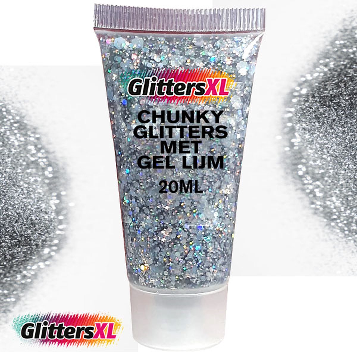 GlittersXL - Chunky Glitters met Gel Lijm Tube (Zilver) [Volume 20ML - Festival Jewels Glitter Outfit Lichaam en Gezicht - Make-up Diamond Dots Face Body - Diamantjes Strass Steentjes - Kinderen Volwassenen Dames Makeup Tattoo Mastix Schmink]